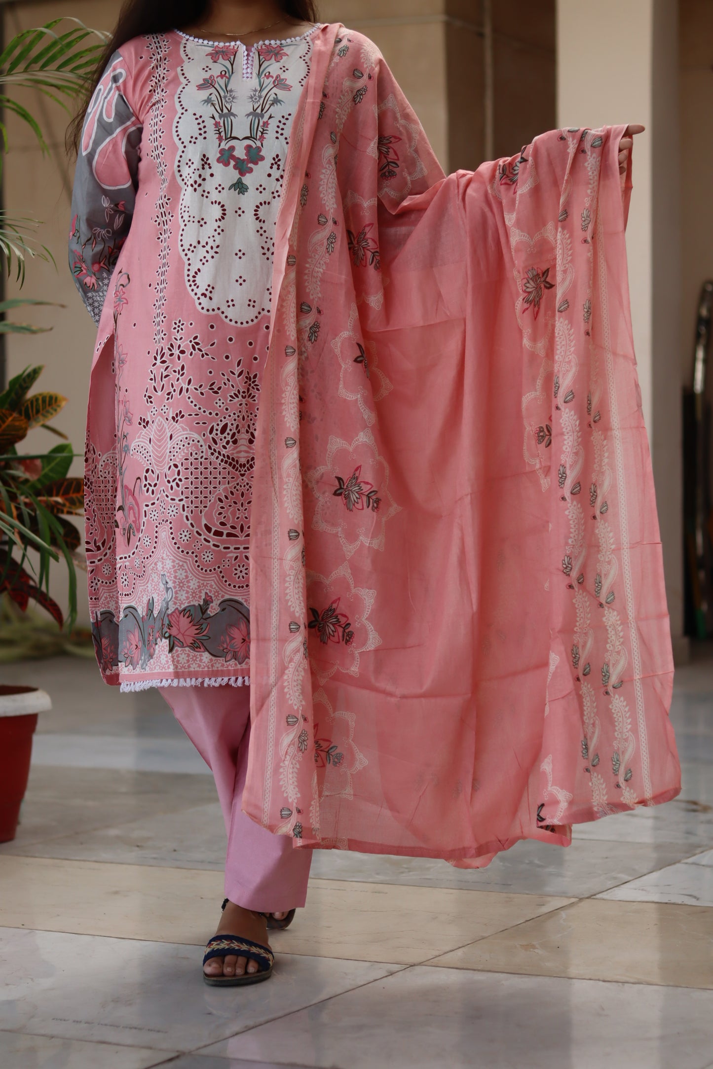 Peach Digital Print Kurti Pant Dupatta Set