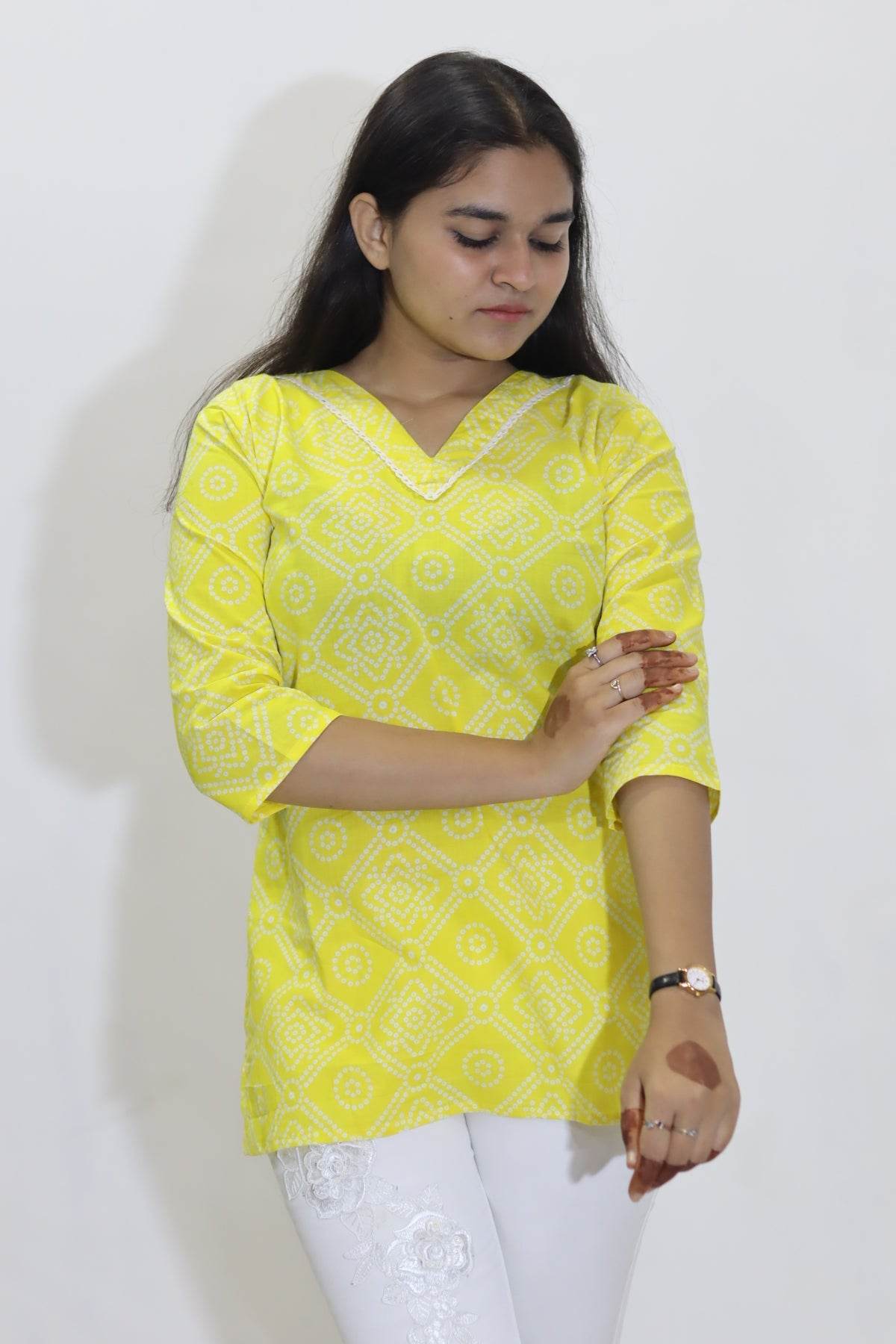 Yellow bandhani cotton jaipuri top for women - CandiRobes