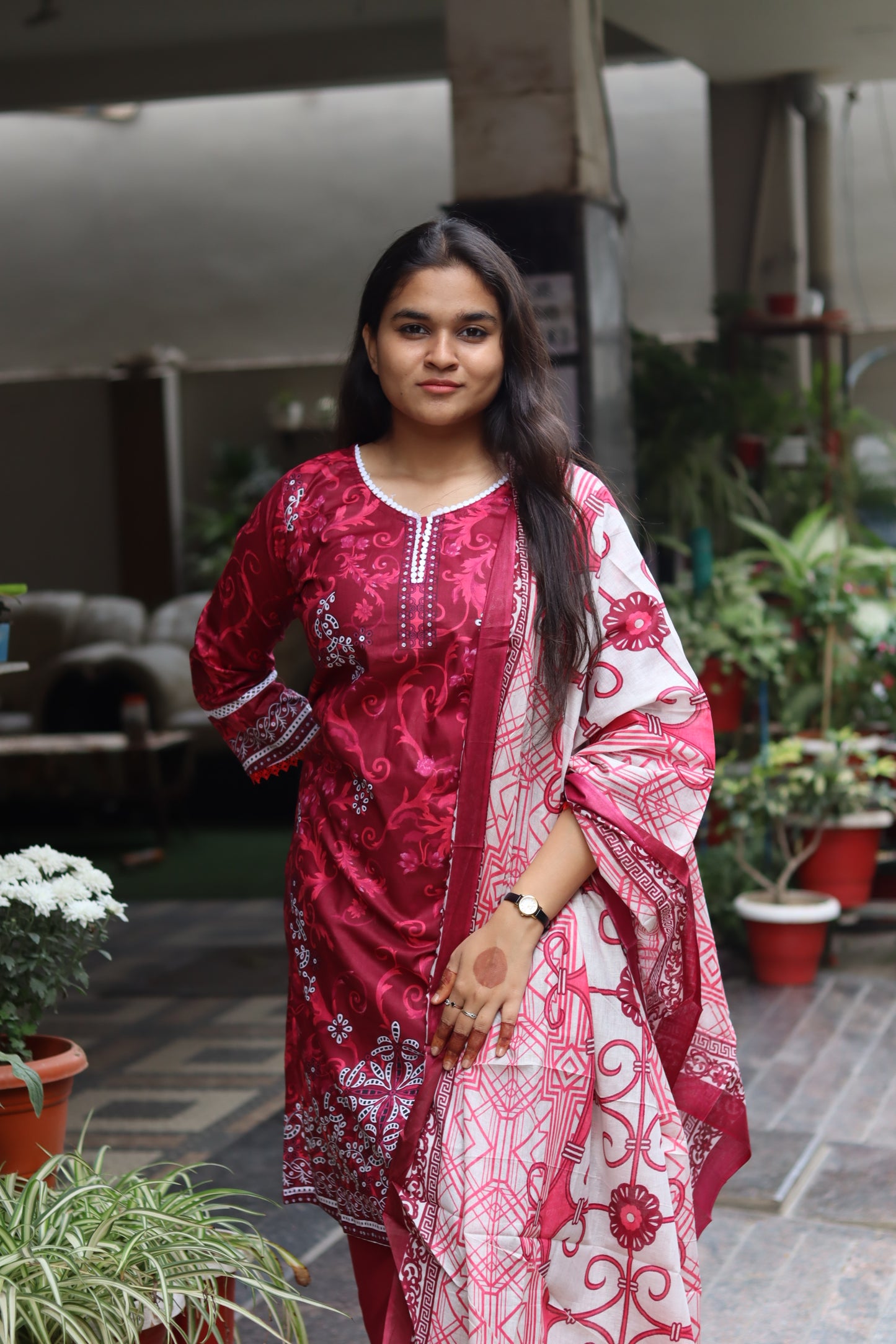 Maroon digital printed kurti pant Dupatta set.