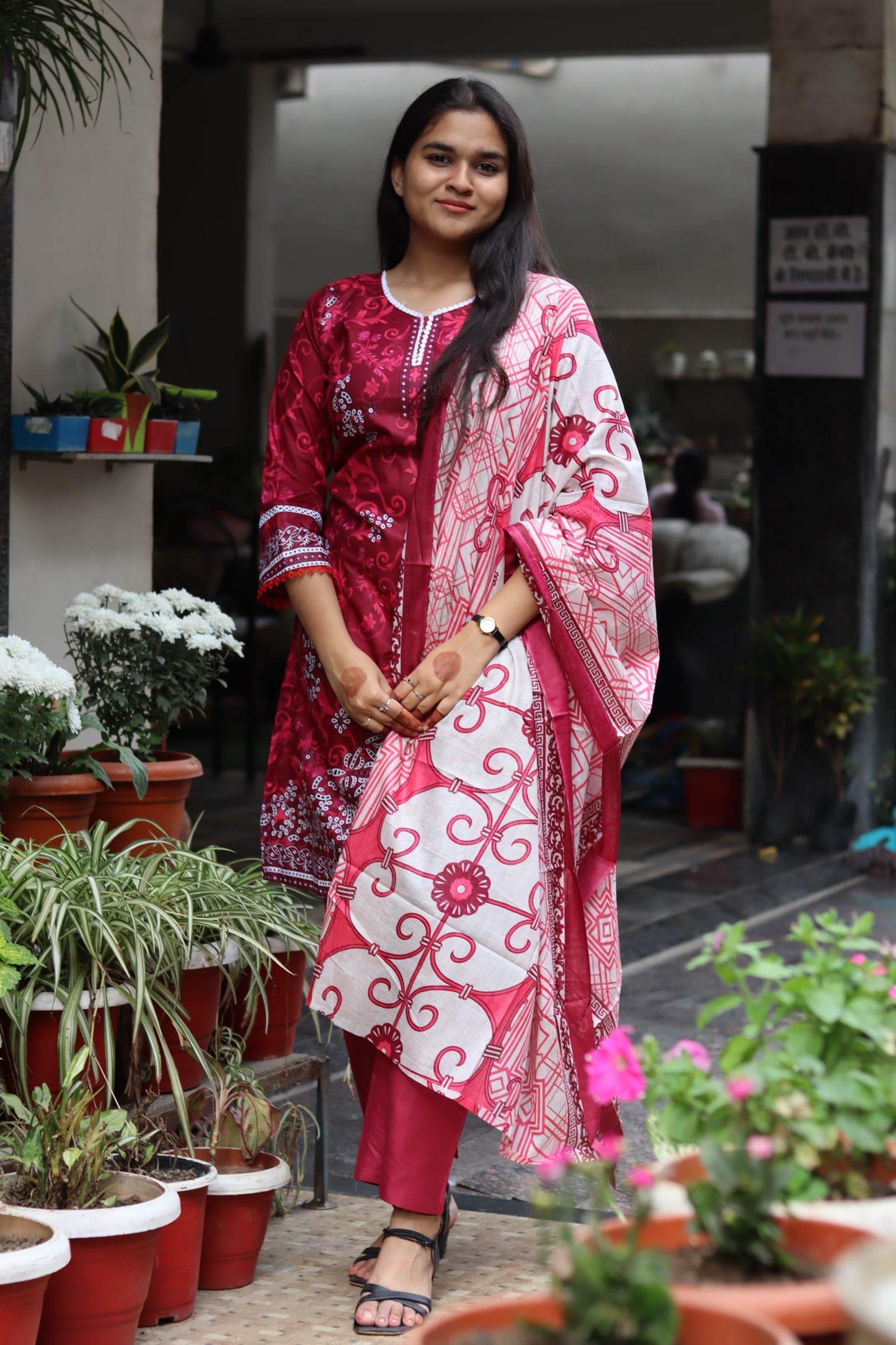 Maroon digital printed kurti pant Dupatta set.