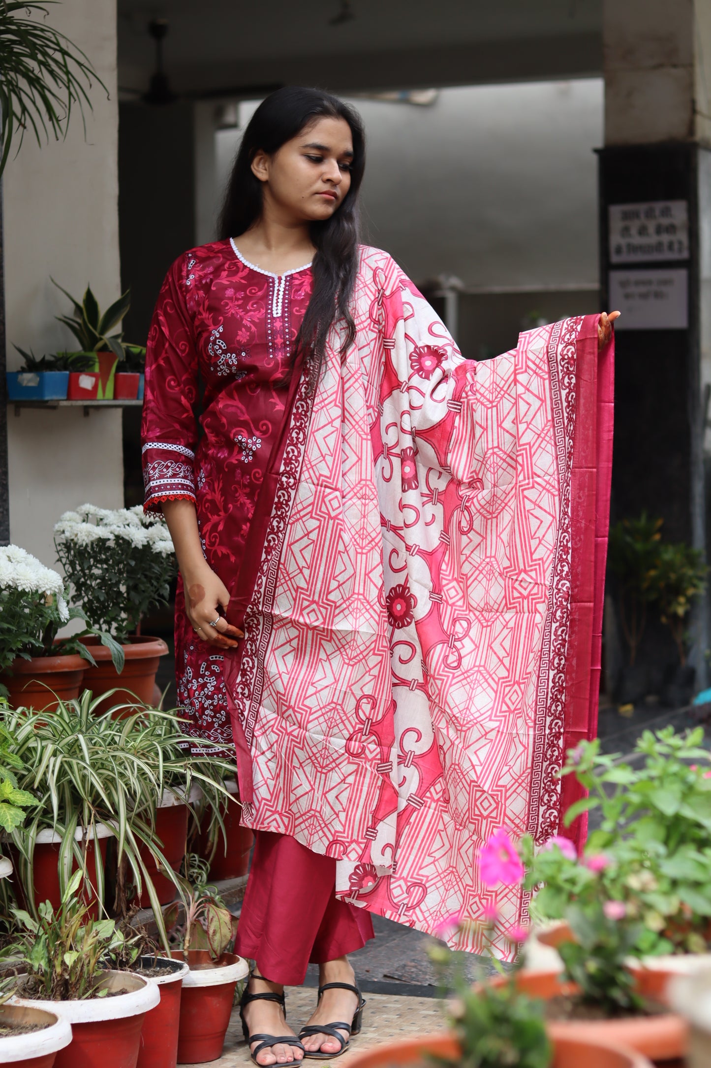Maroon digital printed kurti pant Dupatta set.