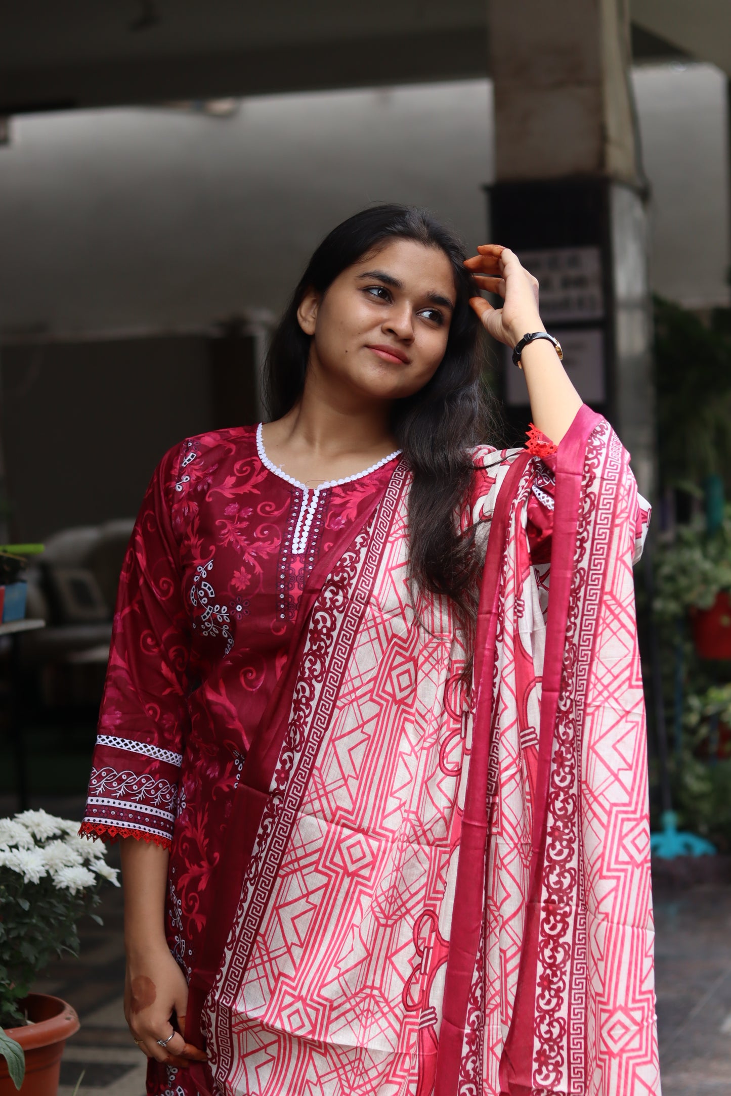 Maroon digital printed kurti pant Dupatta set.