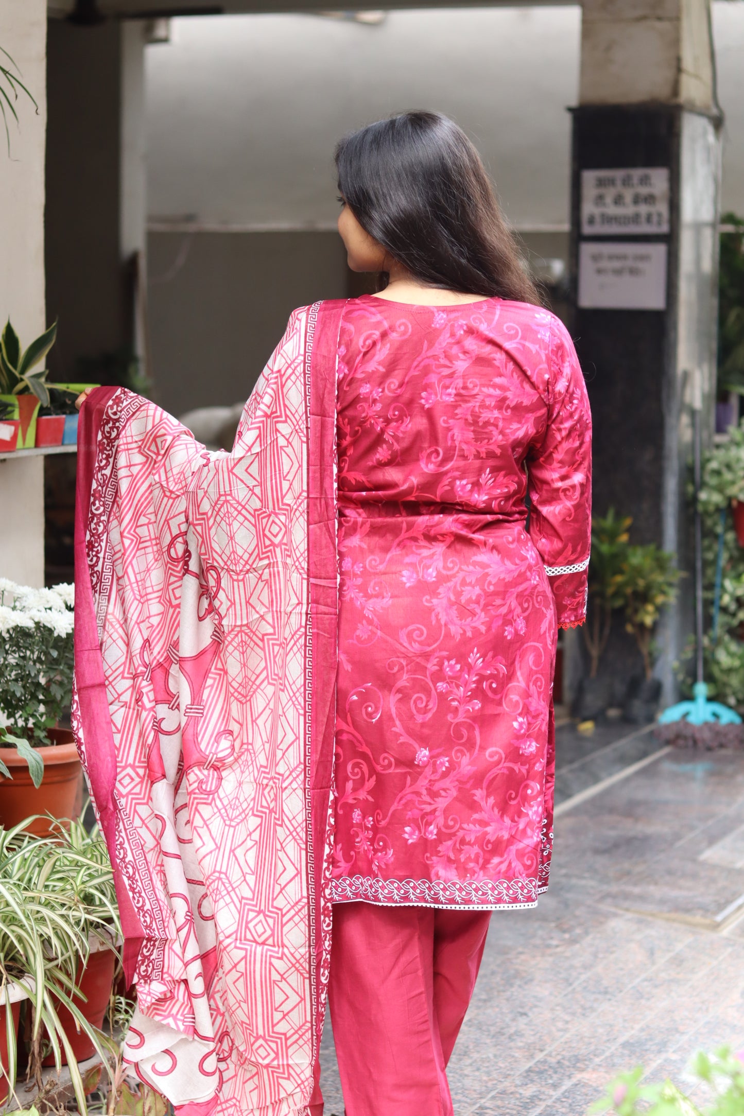 Maroon digital printed kurti pant Dupatta set.
