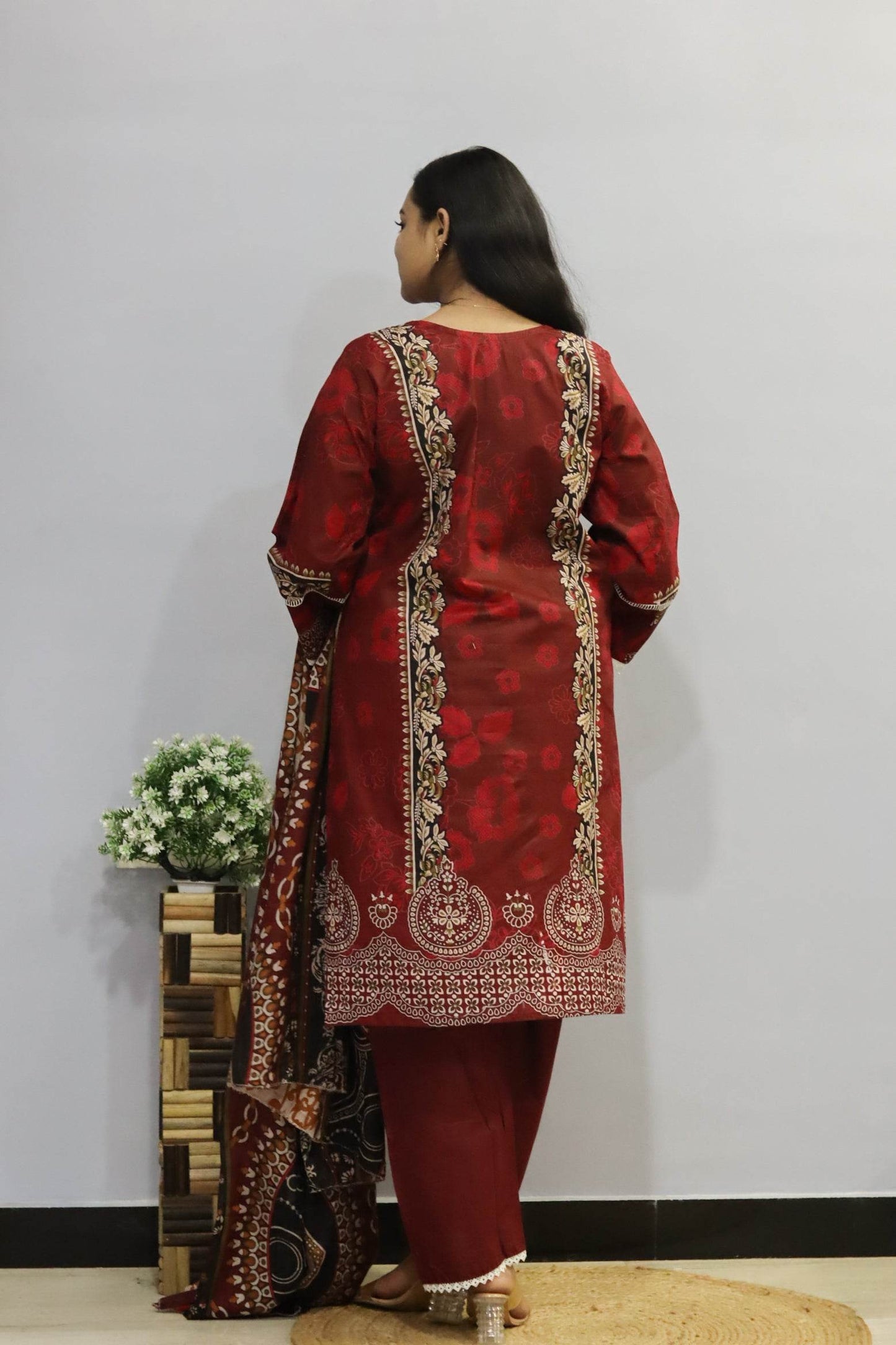 Maroon Digital printed cotton kurta pant dupatta set - CandiRobes
