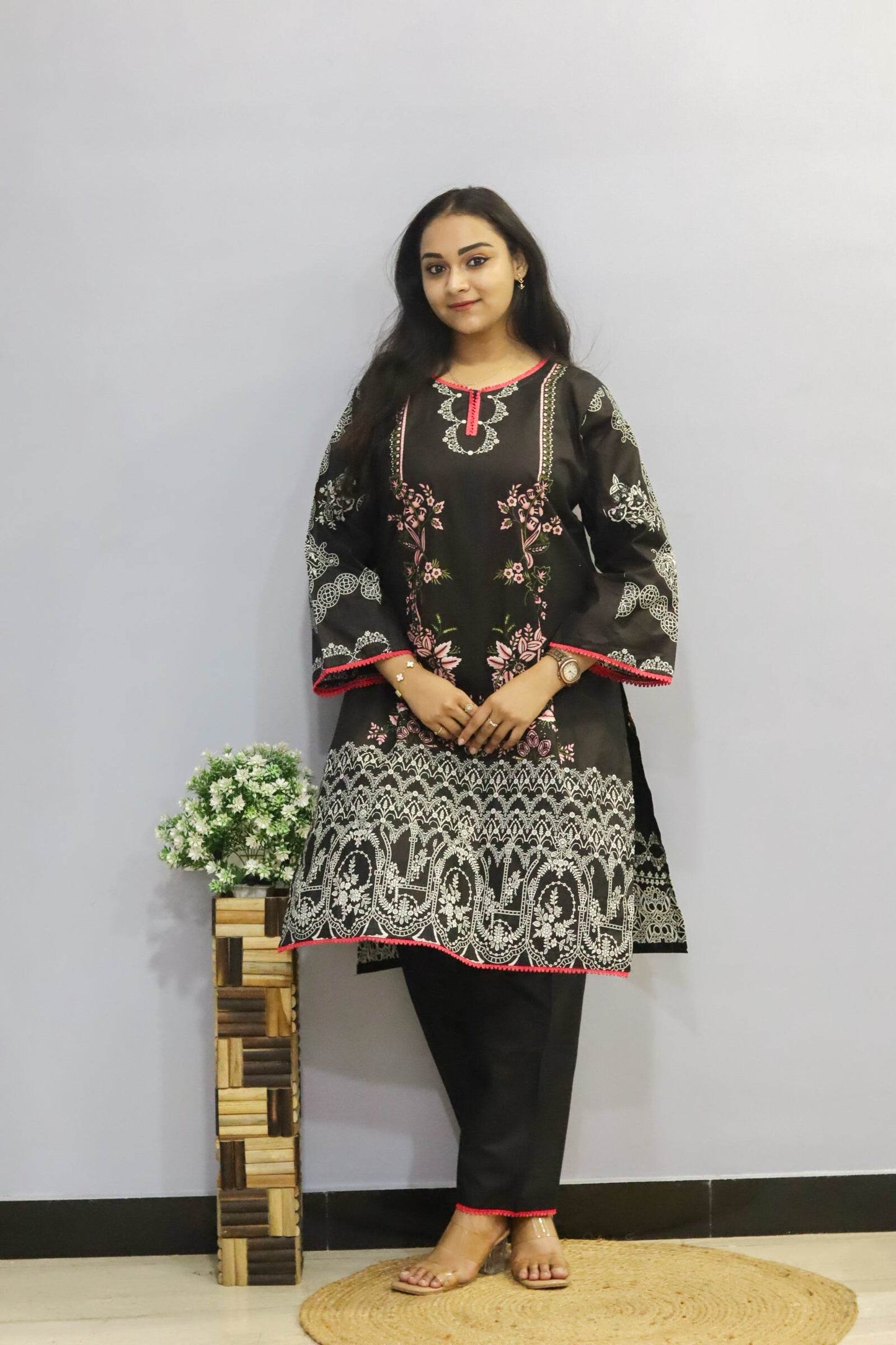 Black Digital Print Lawn Cotton Kurti Pant Dupatta Set - CandiRobes