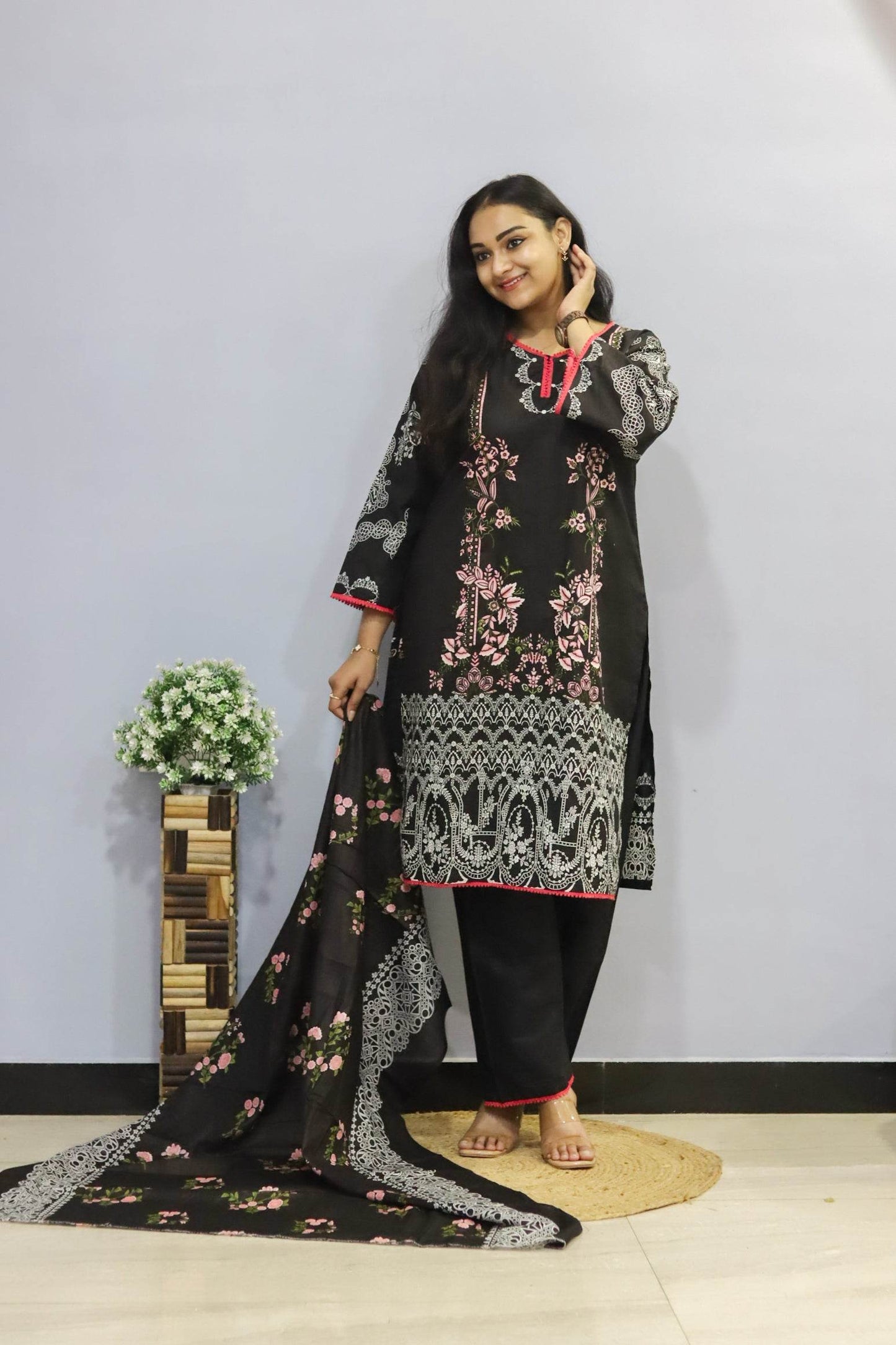 Black Digital Print Lawn Cotton Kurti Pant Dupatta Set - CandiRobes
