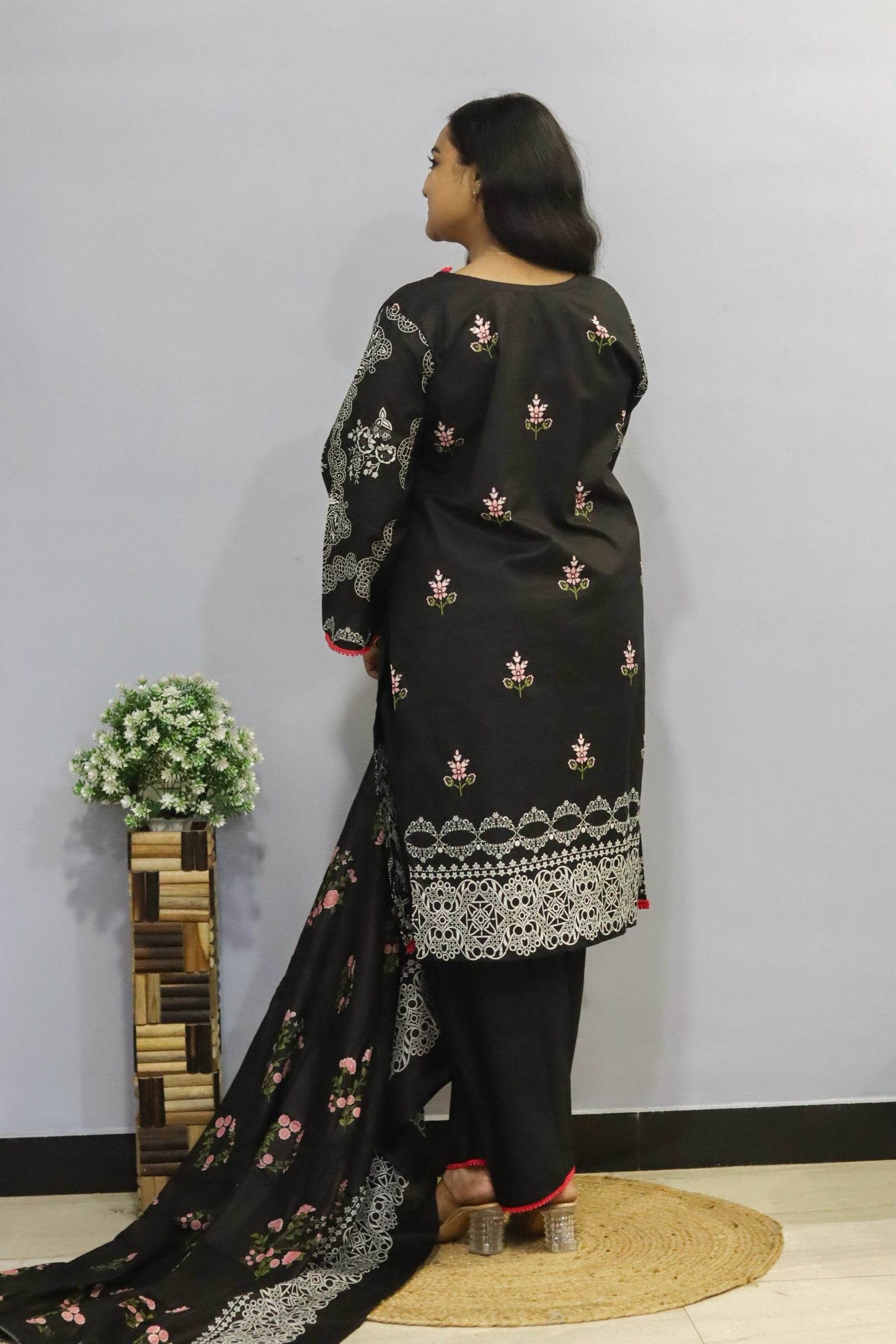 Black Digital Print Lawn Cotton Kurti Pant Dupatta Set - CandiRobes