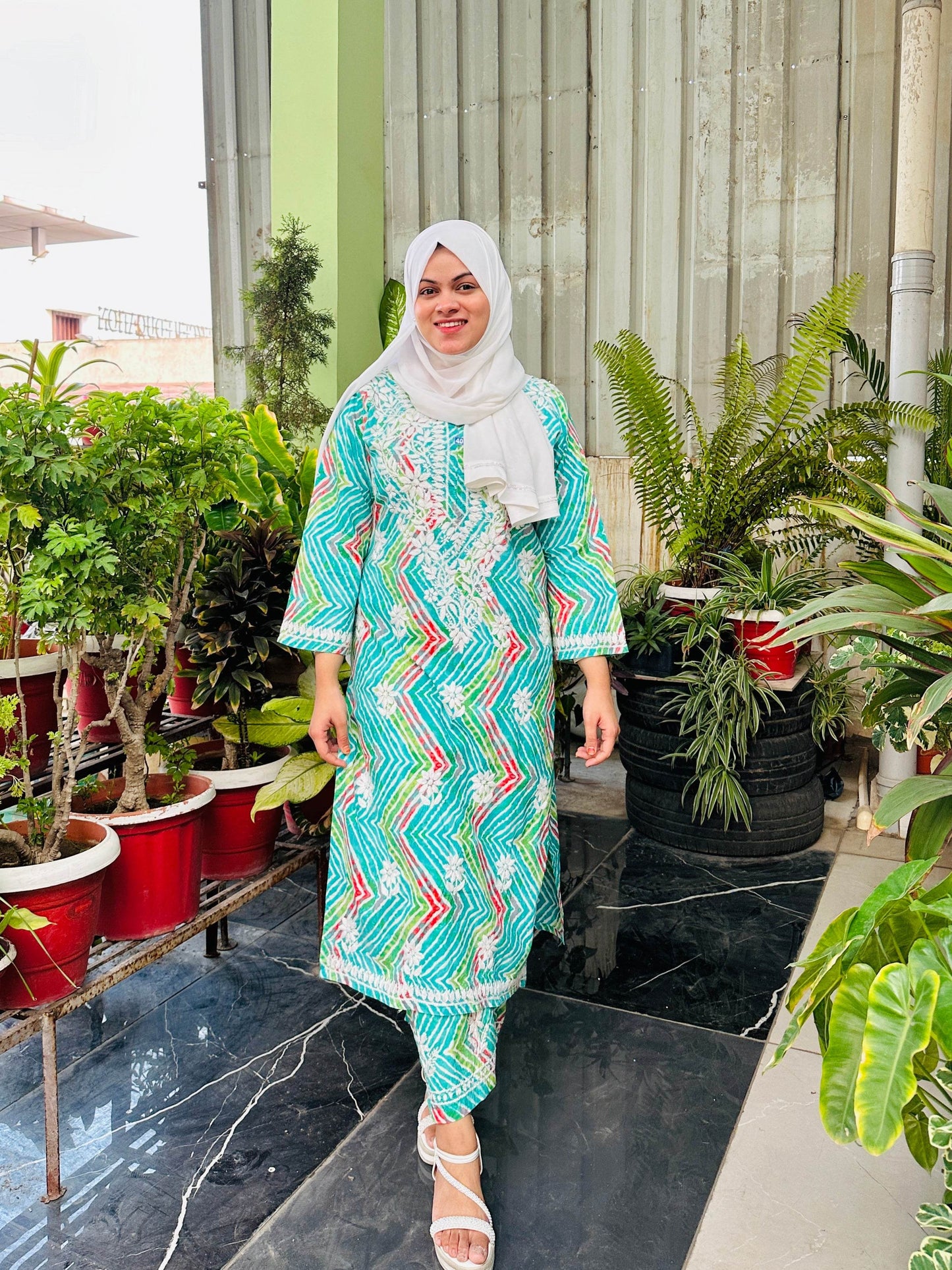aqua green Mal lmal cotton kurti and pant set - CandiRobes