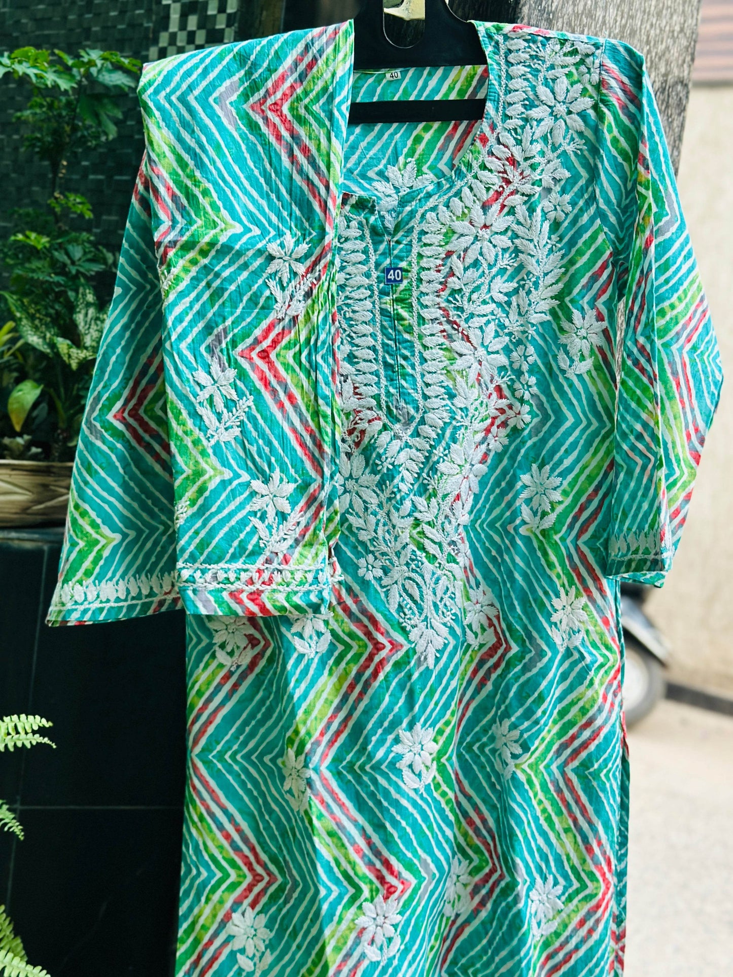 aqua green Mal lmal cotton kurti and pant set - CandiRobes