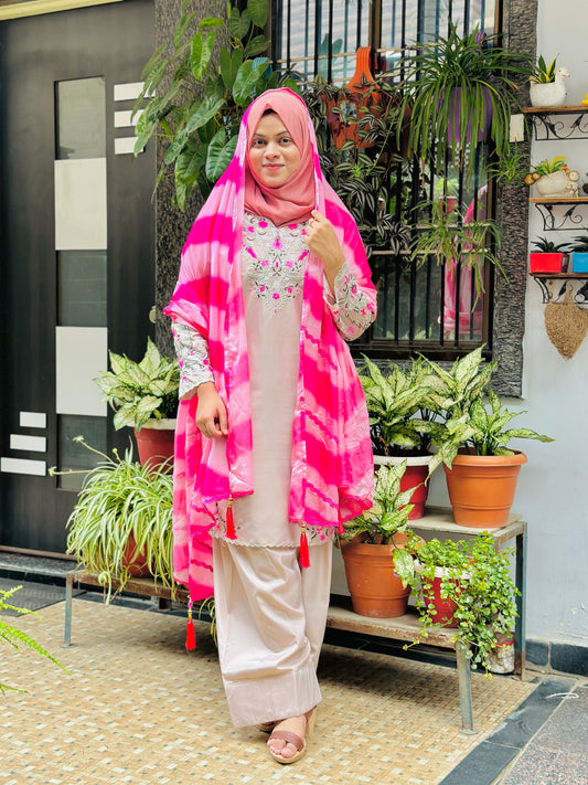 Soft Beige Embroidered Farsi Salwar & Pink Tie-Dye Dupatta set