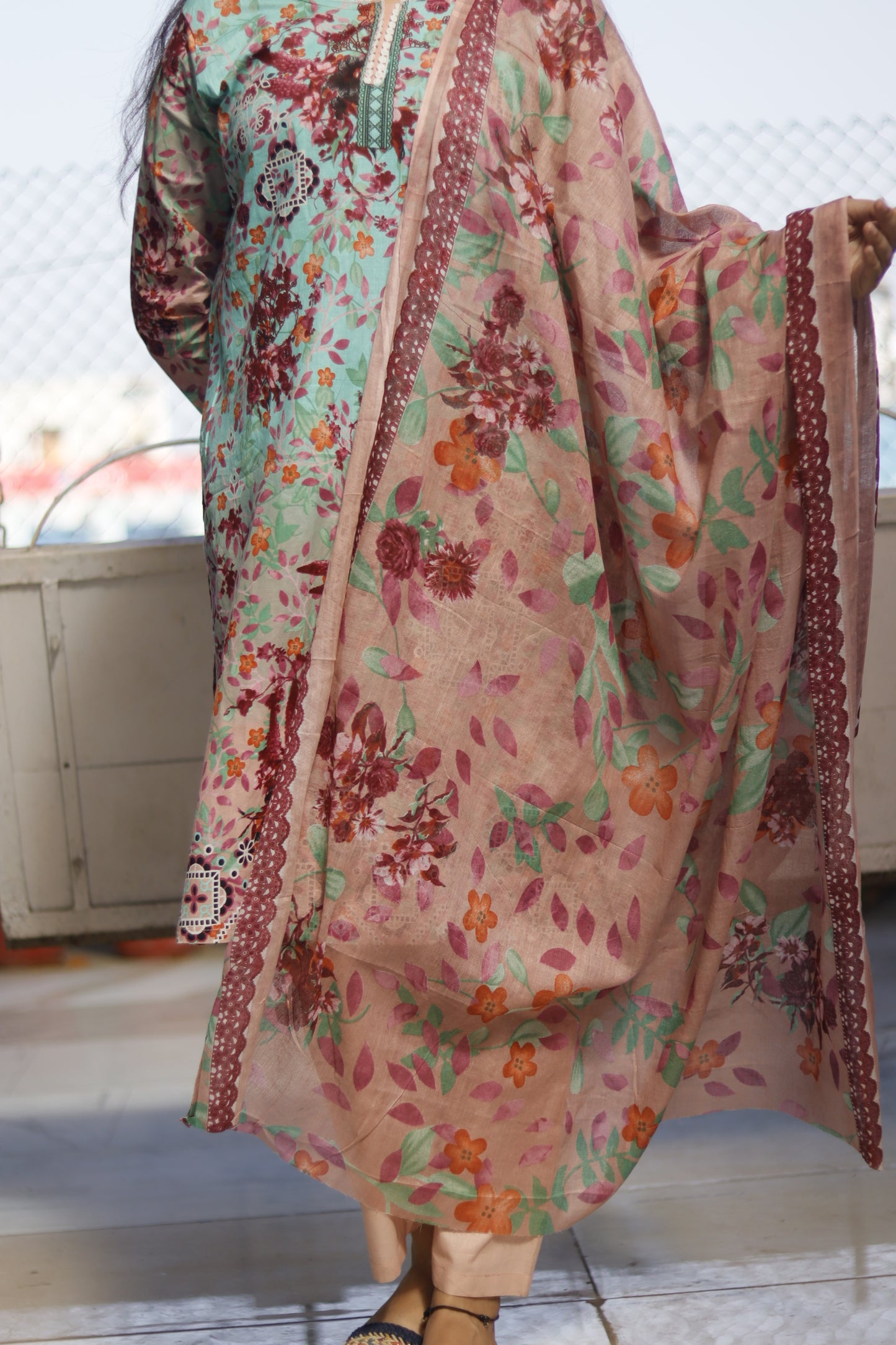See Green Digital Floral Print Kurti Pant Dupatta Set,