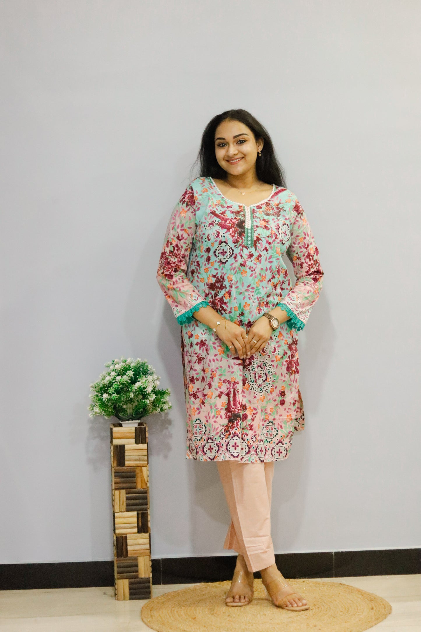See Green Digital Floral Print Kurti Pant Dupatta Set,