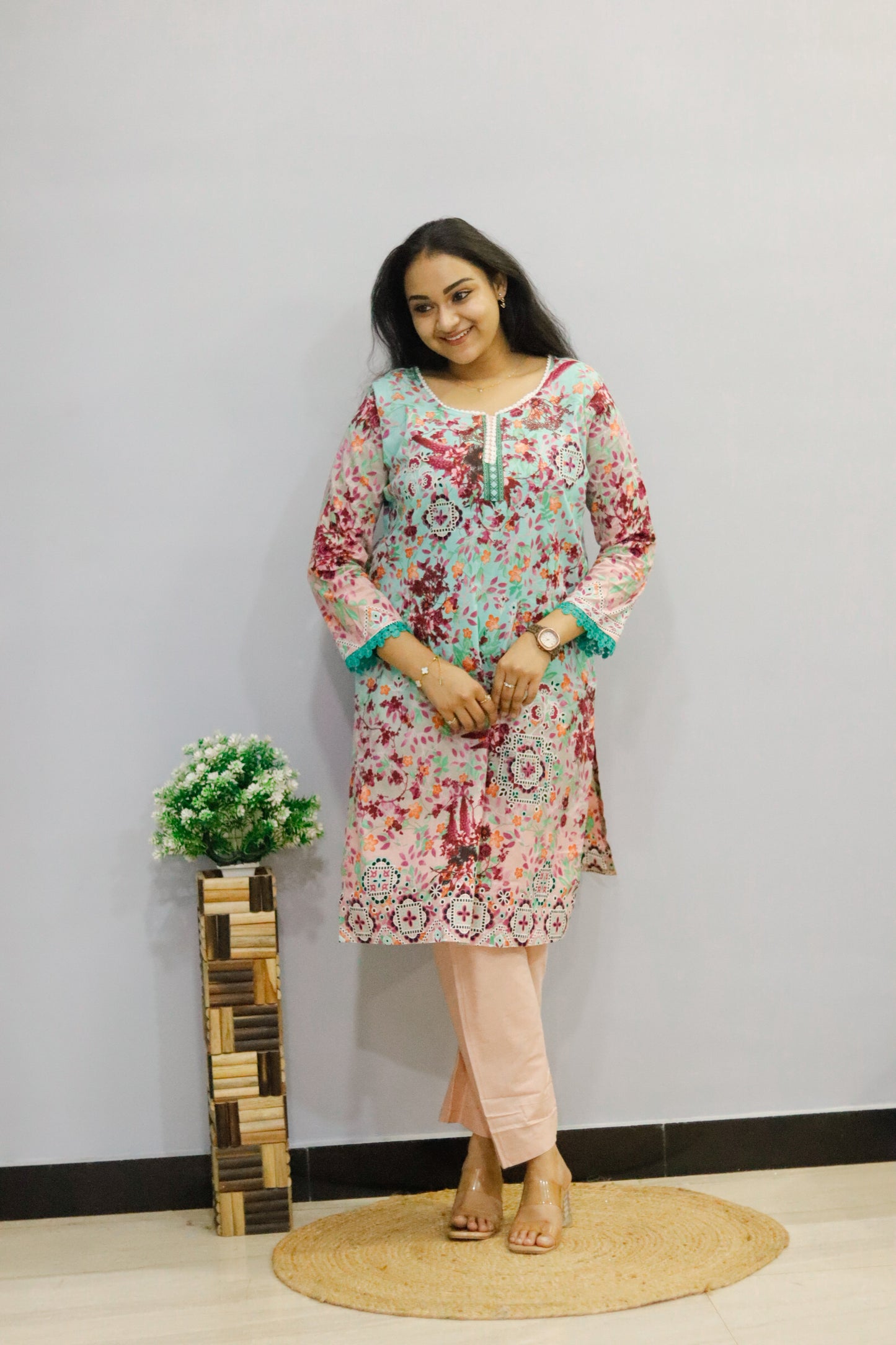 See Green Digital Floral Print Kurti Pant Dupatta Set,