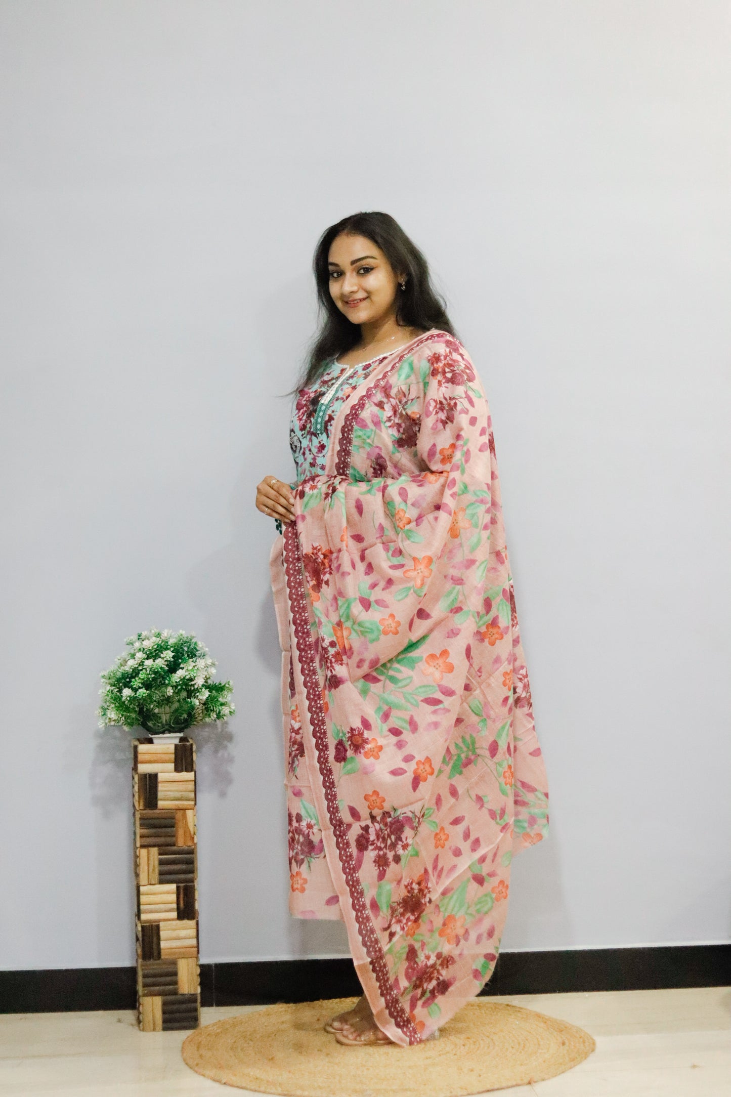 See Green Digital Floral Print Kurti Pant Dupatta Set,