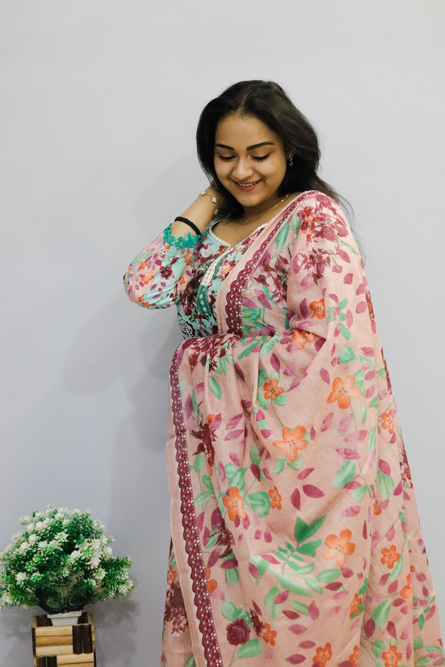 See Green Digital Floral Print Kurti Pant Dupatta Set,