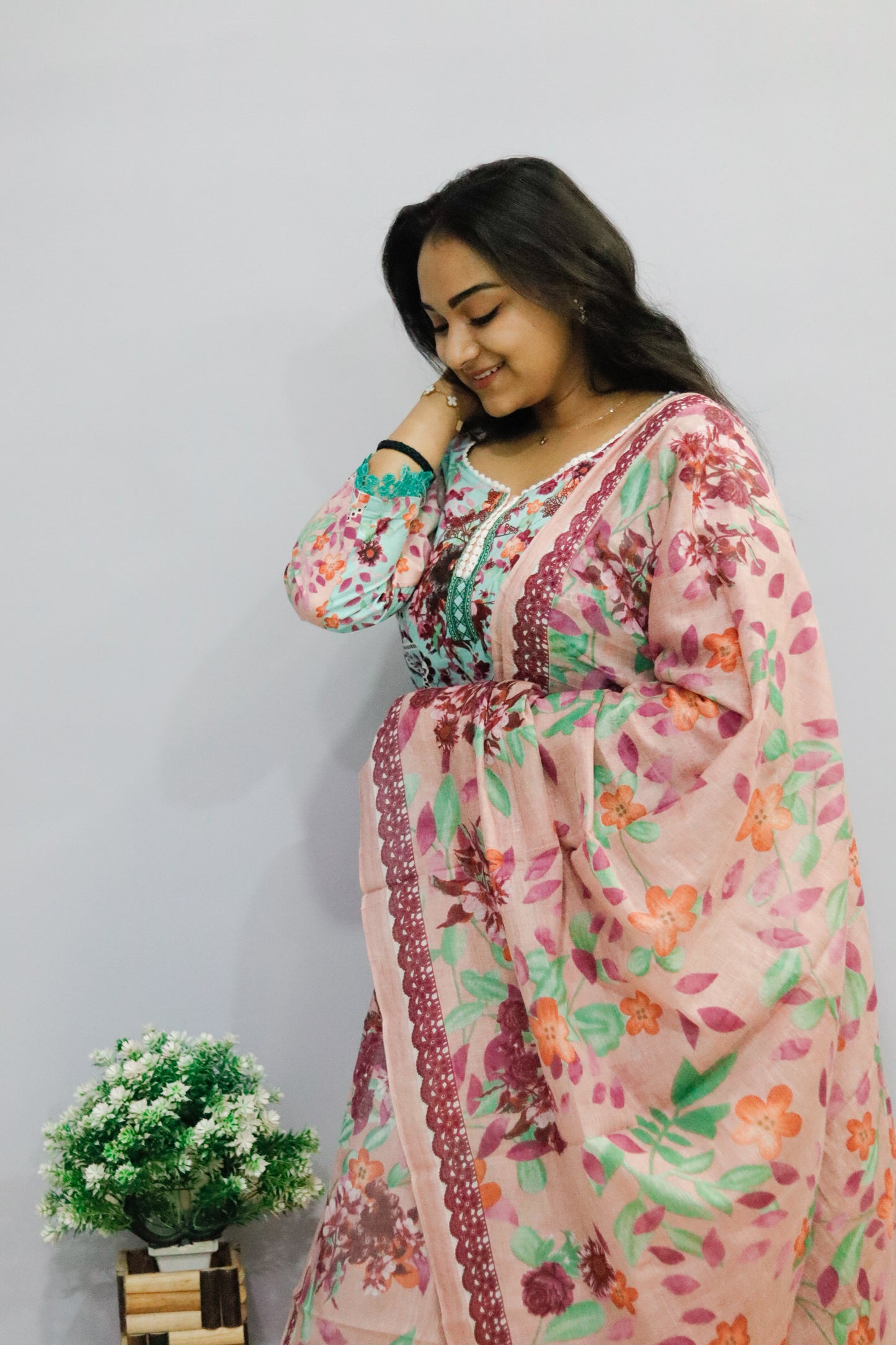 See Green Digital Floral Print Kurti Pant Dupatta Set,
