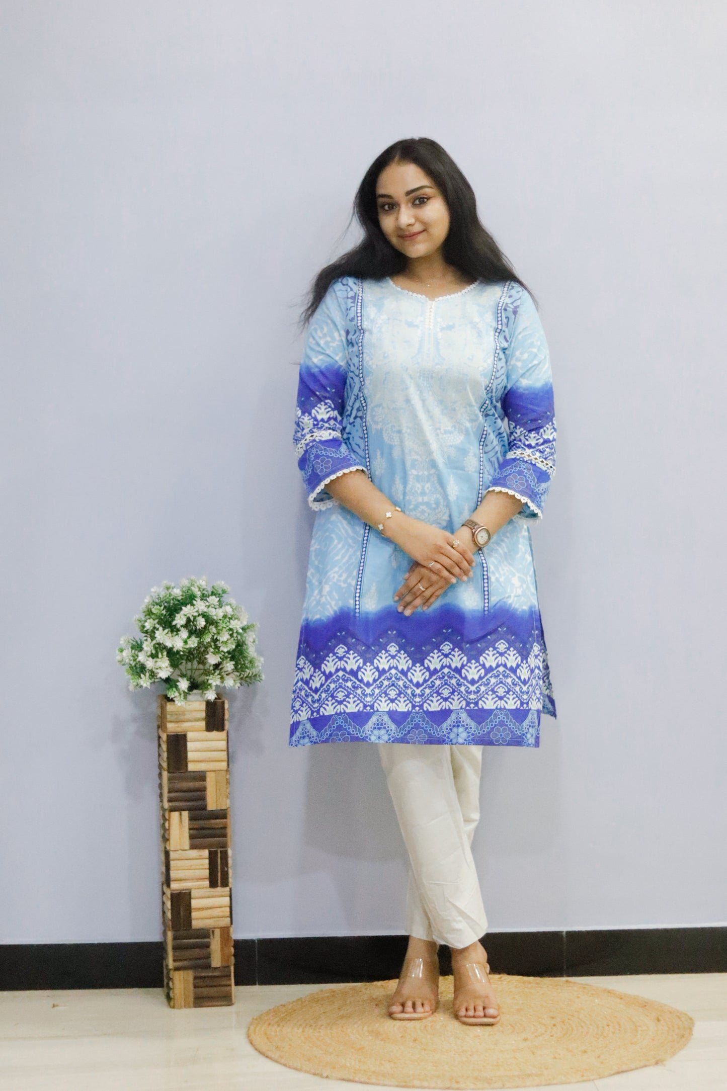 Sky blue Digital printed cotton kurti pant dupatta set