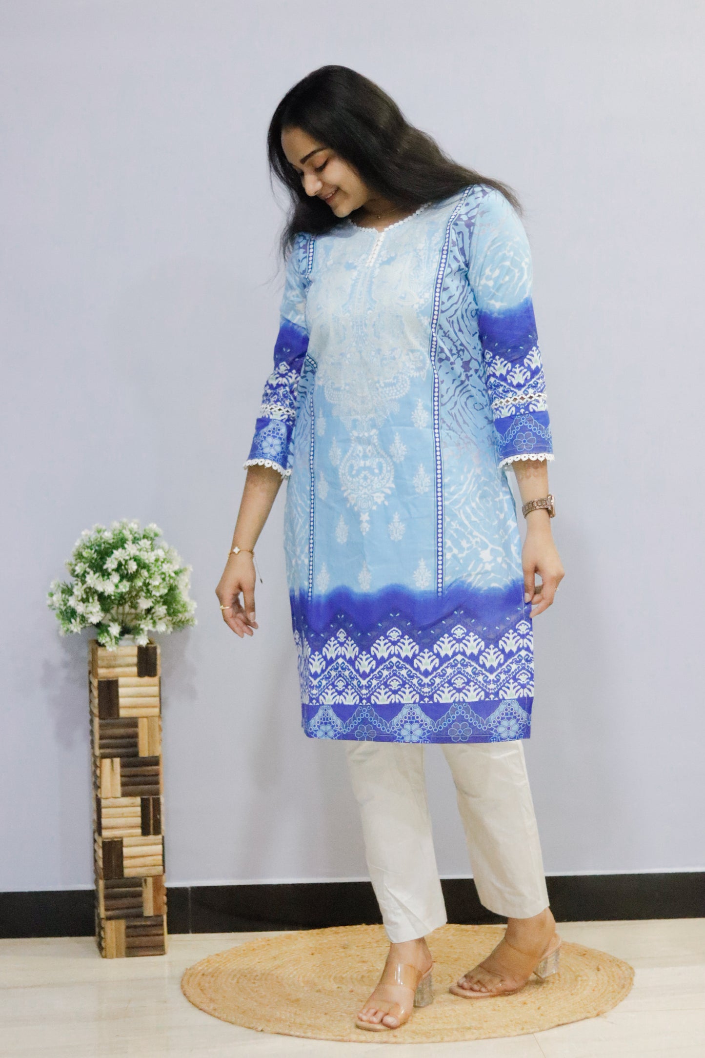 Sky blue Digital printed cotton kurti pant dupatta set