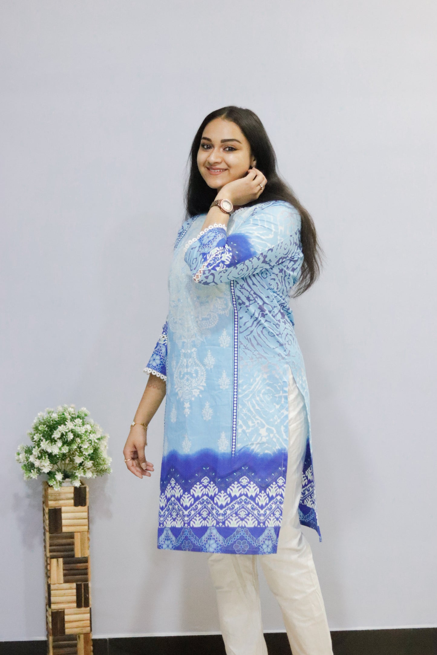 Sky blue Digital printed cotton kurti pant dupatta set