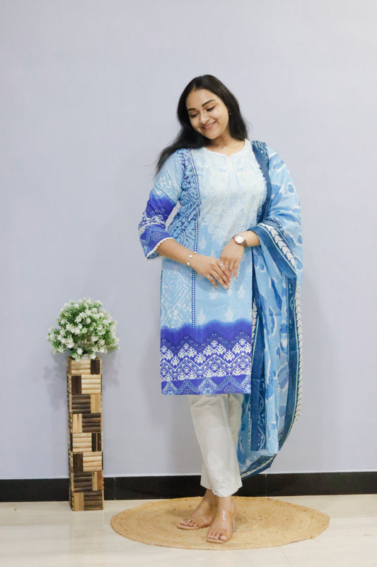 Sky blue Digital printed cotton kurti pant dupatta set