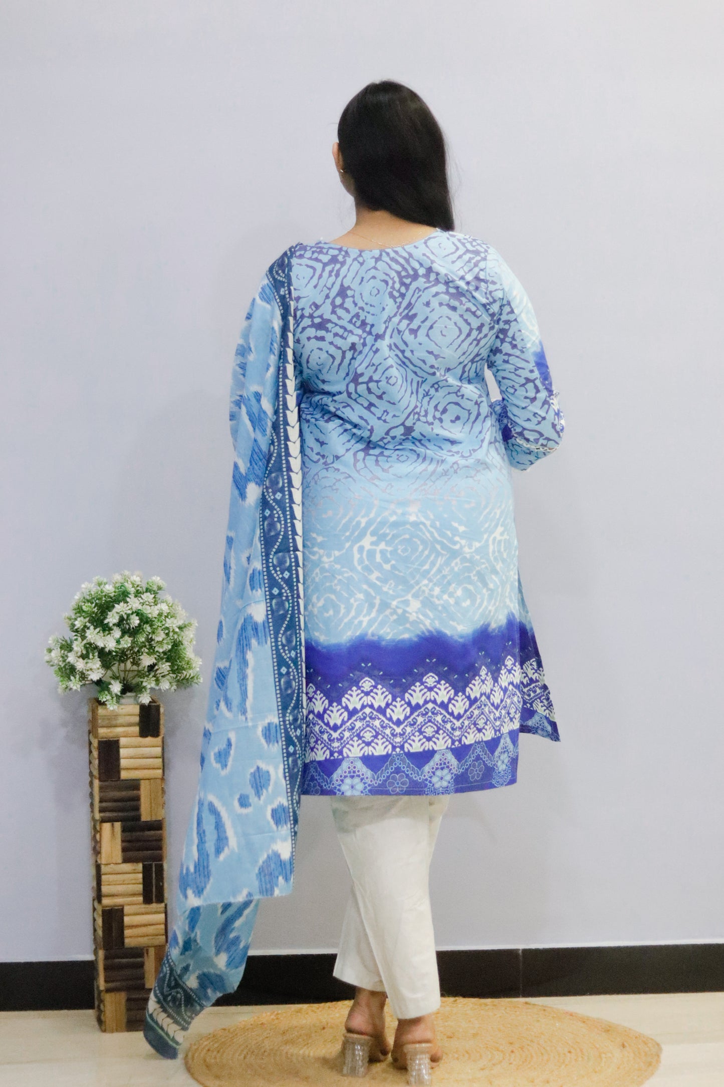 Sky blue Digital printed cotton kurti pant dupatta set