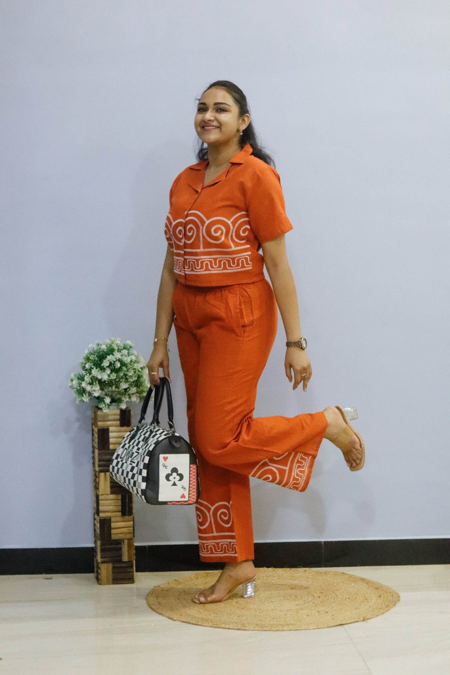 Orange pure cotton cord set with pocket for working women - CandiRobes