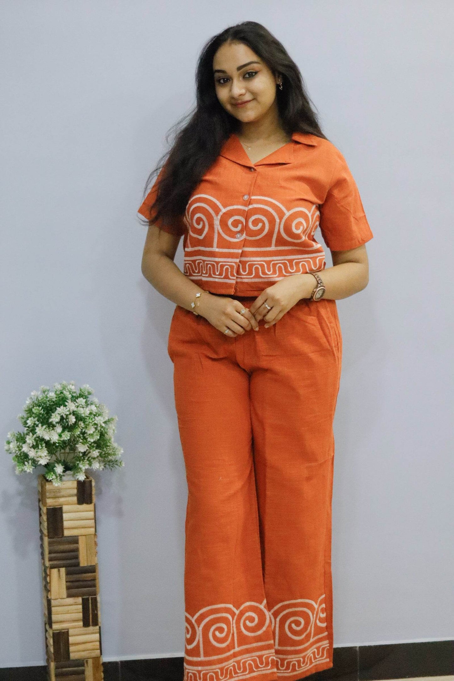Orange pure cotton cord set with pocket for working women - CandiRobes