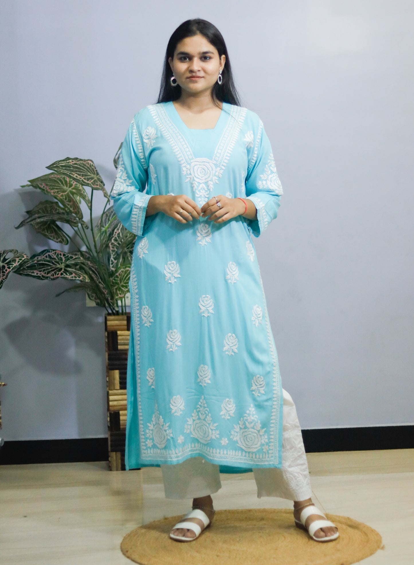 Sky Blue Rose desine Embroidered Chikankari Kurti.