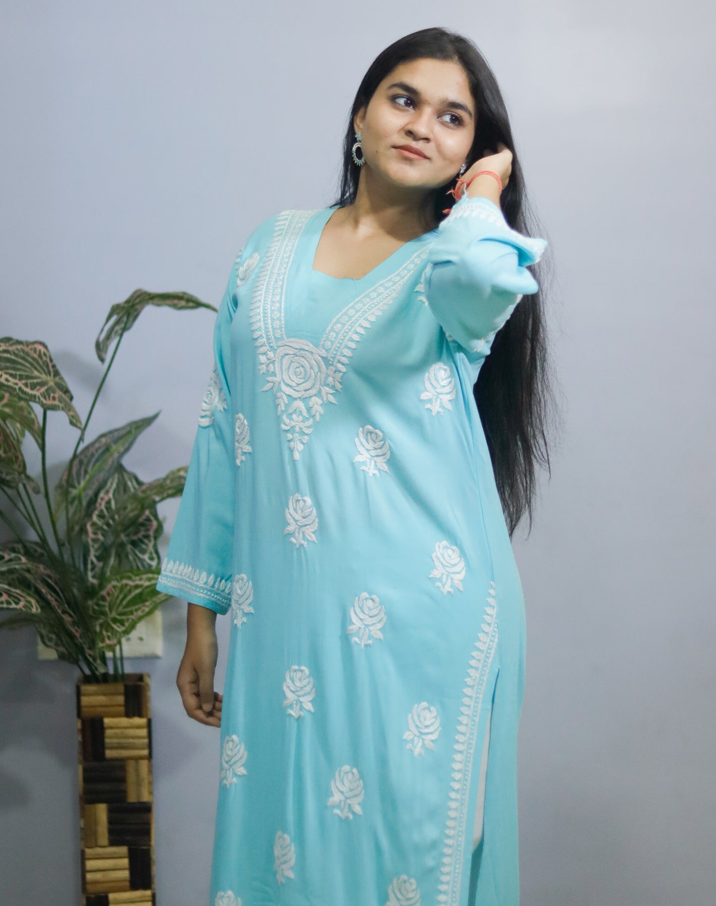 Sky Blue Rose desine Embroidered Chikankari Kurti.