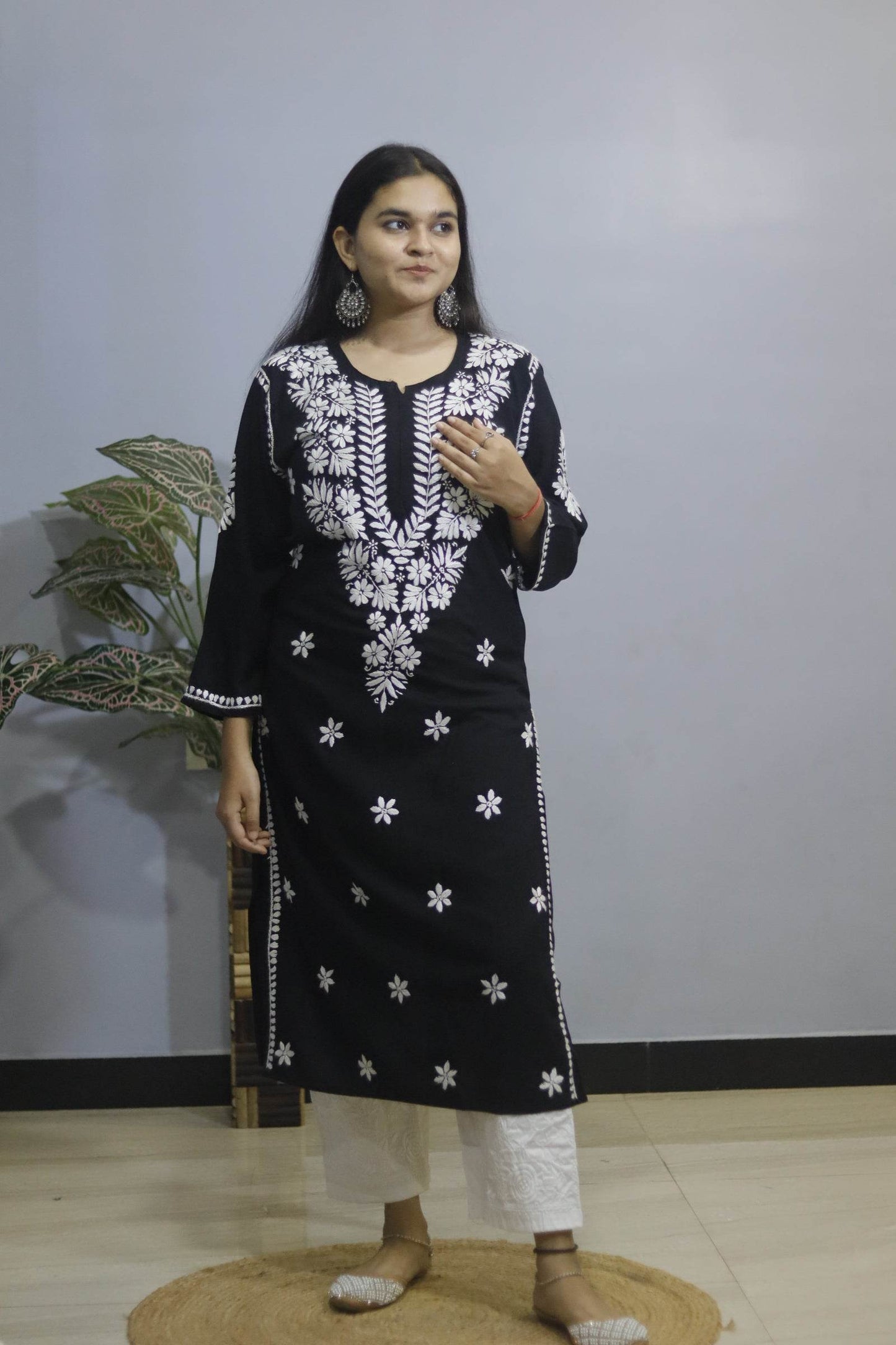 Black Hand-Embroidered Simple Rayon Chikankari Kurti. - CandiRobes