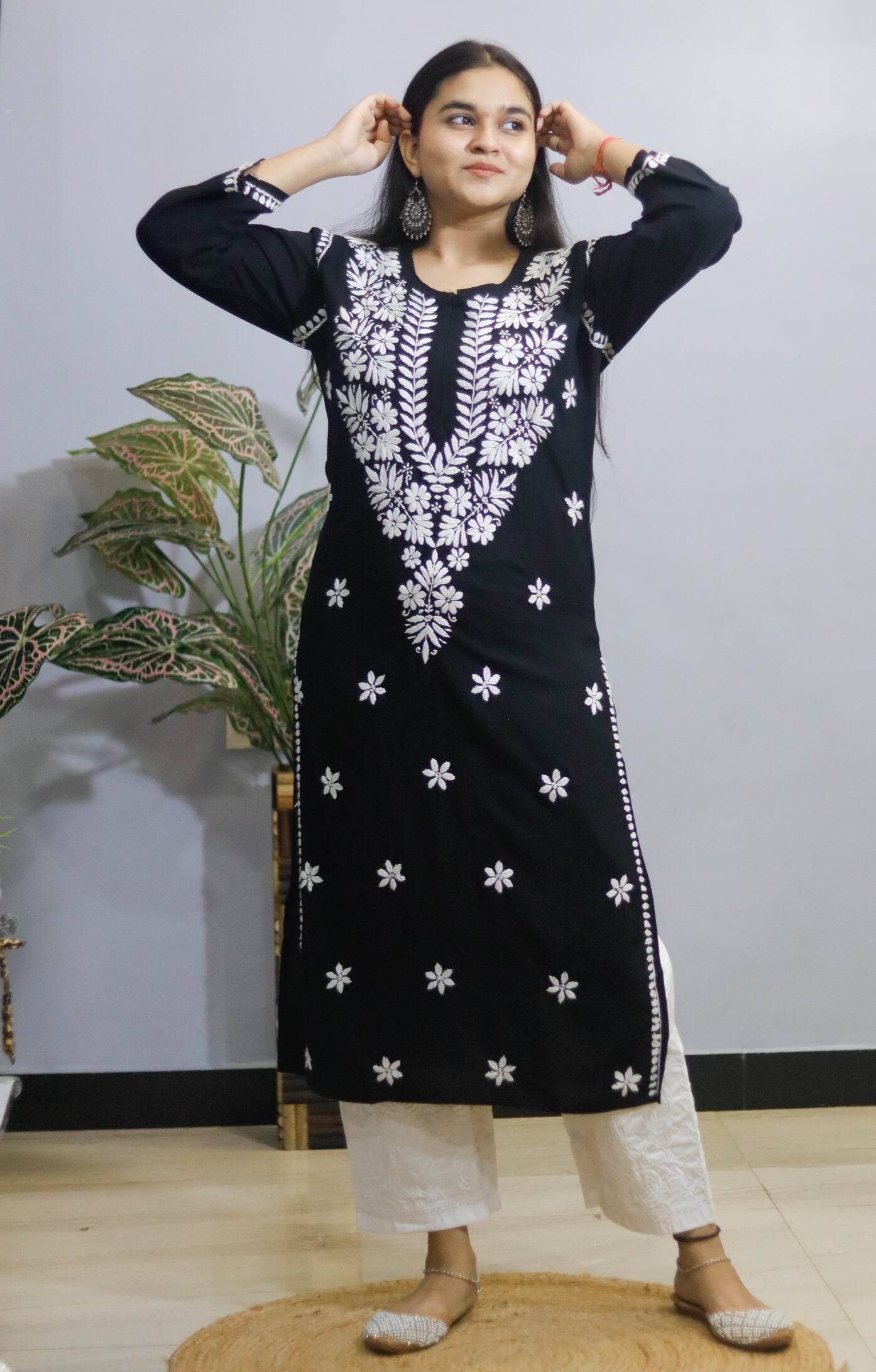Black Hand-Embroidered Simple Rayon Chikankari Kurti. - CandiRobes