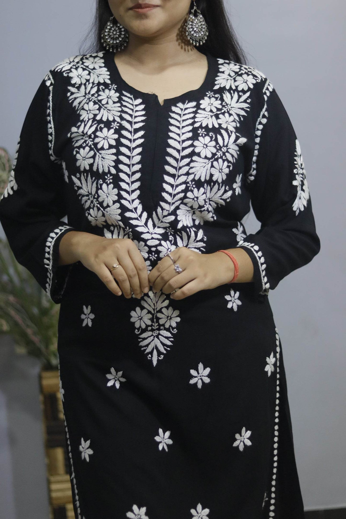 Black Hand-Embroidered Simple Rayon Chikankari Kurti. - CandiRobes
