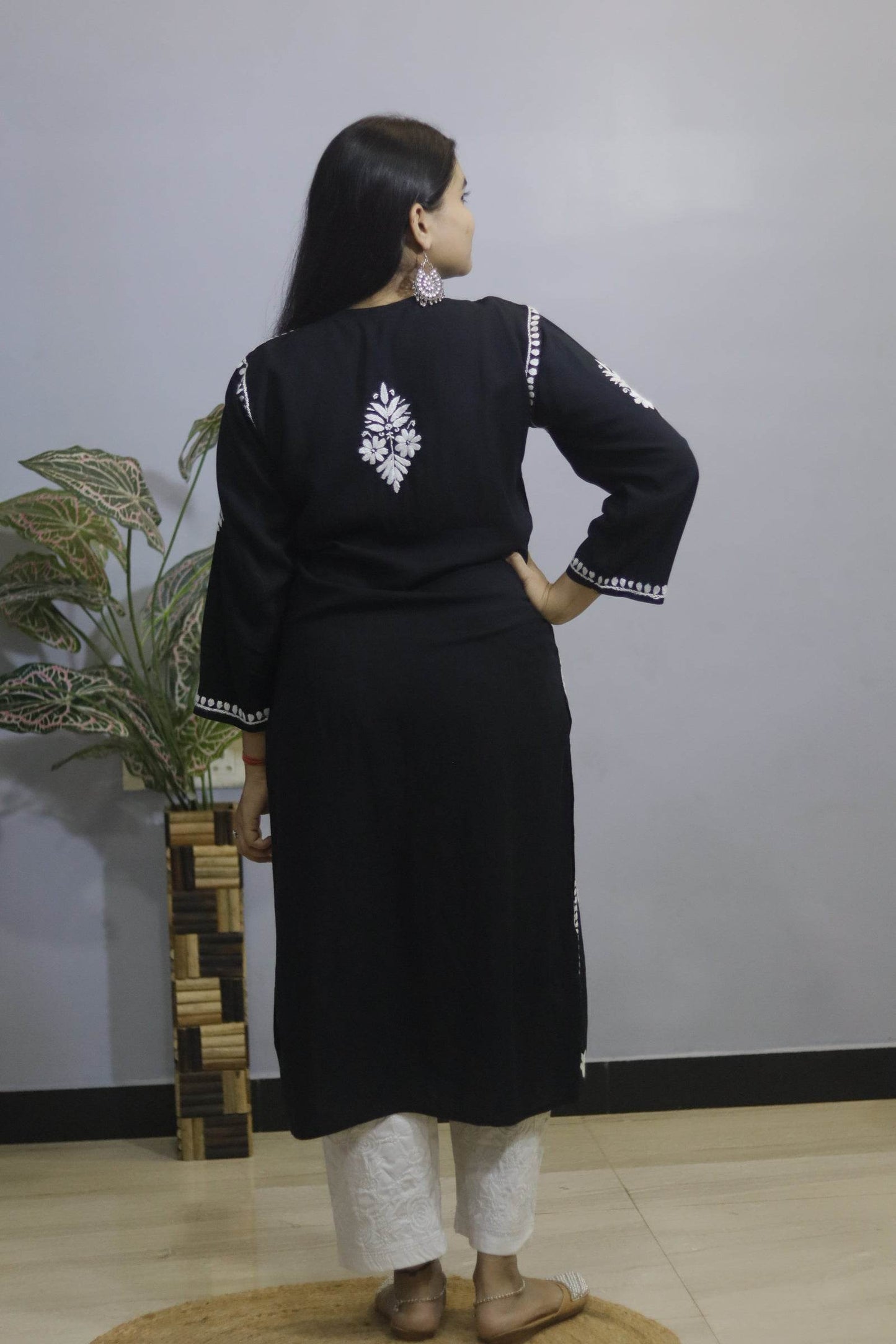 Black Hand-Embroidered Simple Rayon Chikankari Kurti. - CandiRobes