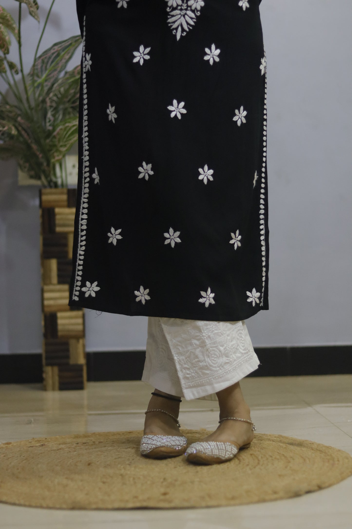 Black Hand-Embroidered Simple Rayon Chikankari Kurti.