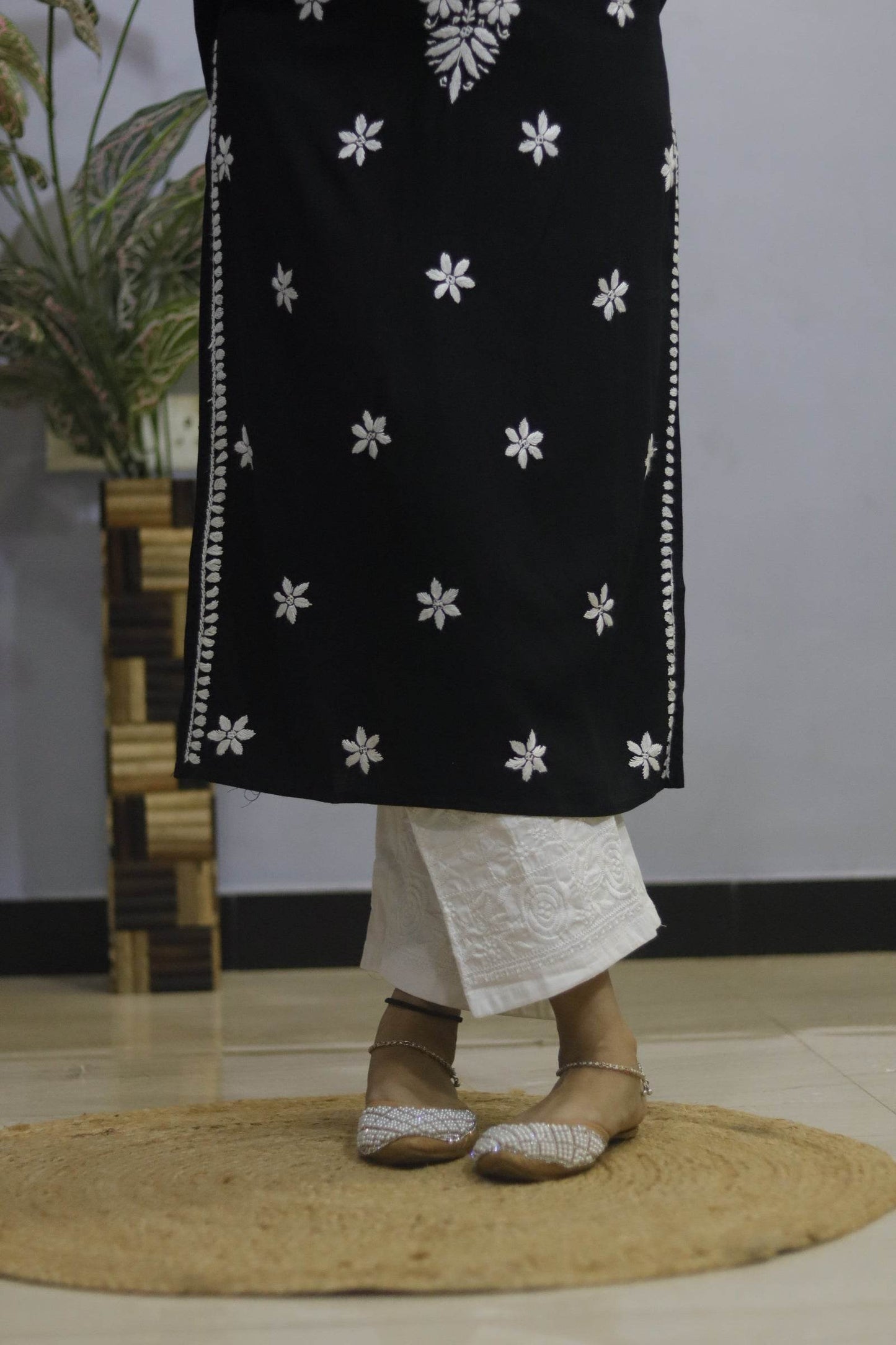 Black Hand-Embroidered Simple Rayon Chikankari Kurti. - CandiRobes