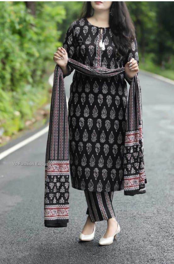 Black Rayon Cotton Regular Kurti Pant Dupatta Set - CandiRobes