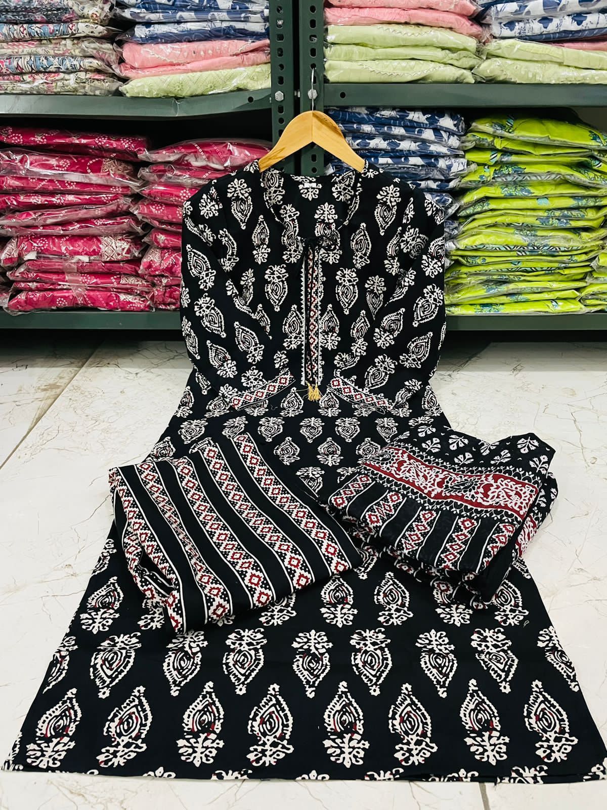 Black Rayon Cotton Regular Kurti Pant Dupatta Set