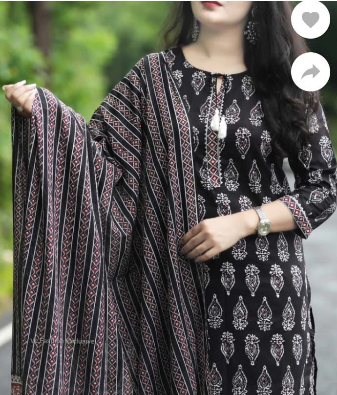 Black Rayon Cotton Regular Kurti Pant Dupatta Set