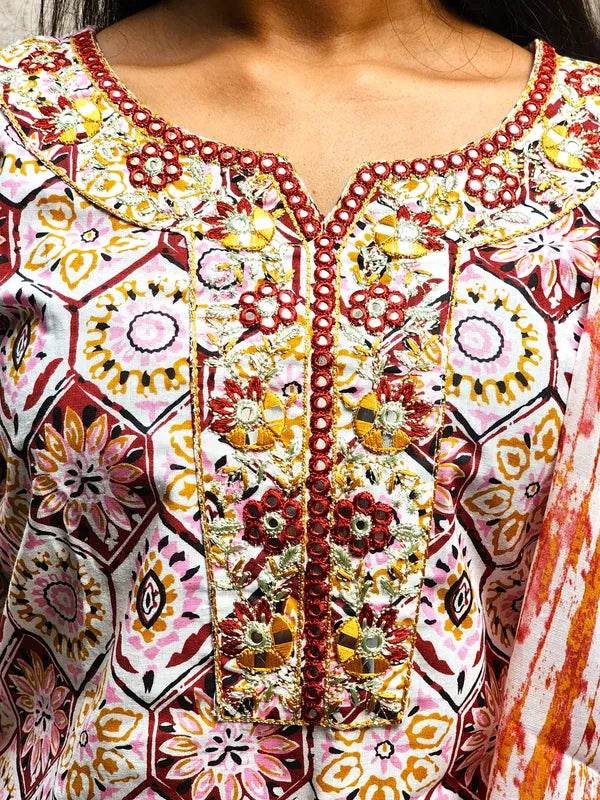 Orange Jaipuri Kurti Pant Dupatta Set - CandiRobes