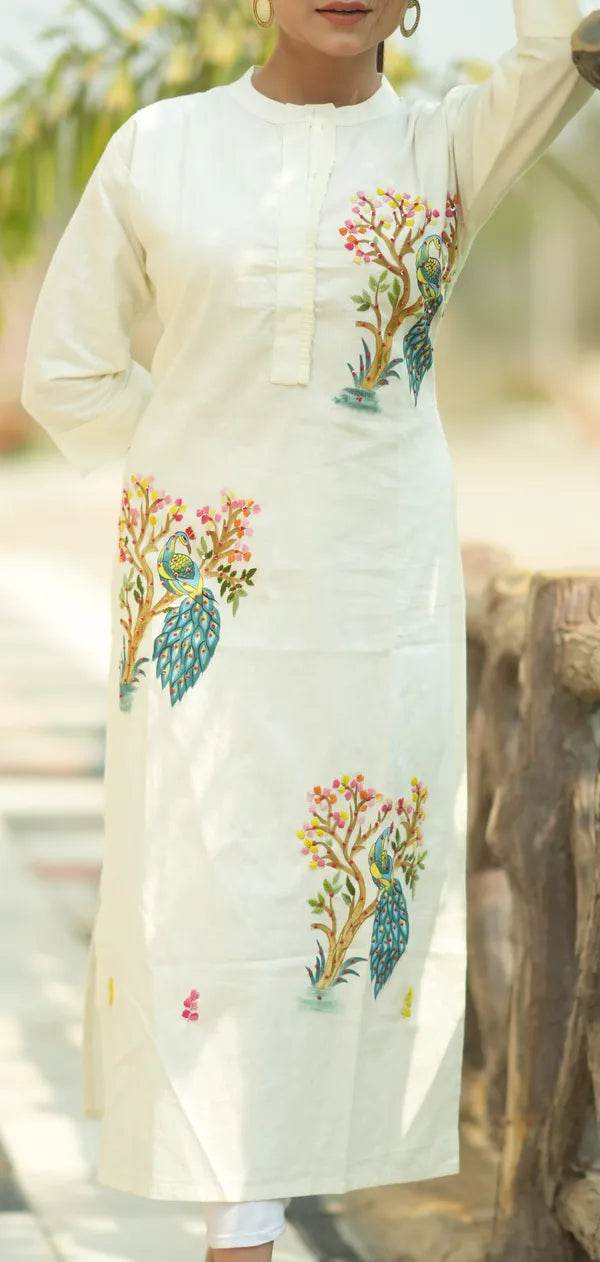 Organic Cotton Cream Hand-Painted Embroidery Kurti for Women - CandiRobes