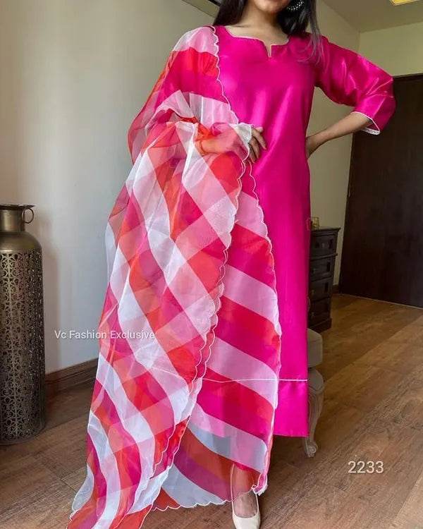 Pink Sattan Cotton Kurti Pant With Organza Duppta - CandiRobes