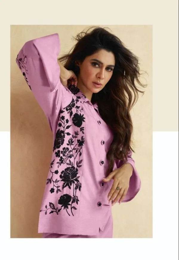 Pink black embroadried stylish cord set for women - CandiRobes