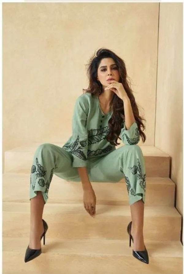 Pista green black embroadried stylish cord set for women - CandiRobes