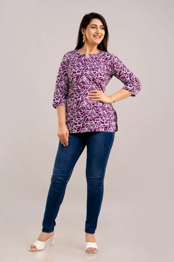 Purple printed cotton top for women - CandiRobes