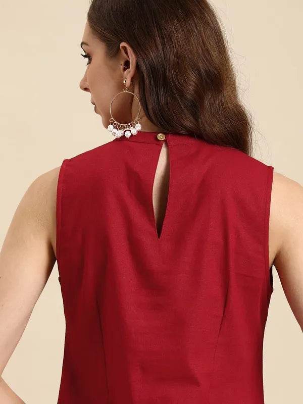 Red Pure Cotton Sleeveless Formal Kurti With Pant - CandiRobes