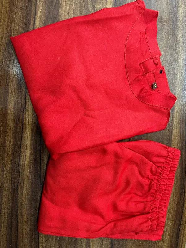 Red Pure Cotton Sleeveless Formal Kurti With Pant - CandiRobes