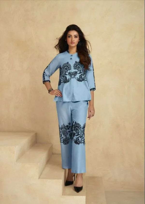 Sky blue black embroadried stylish cord set - CandiRobes