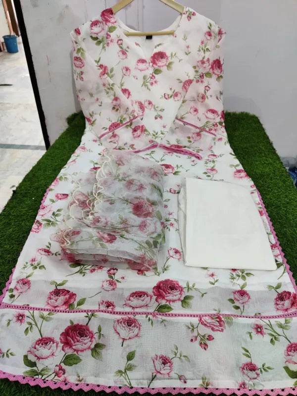 White Floral Print Organza Kurta Dupatta Set - CandiRobes