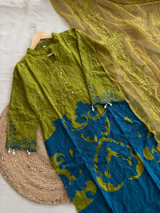 Lime Teal MARIAB Embroidered Cotton Suit Set