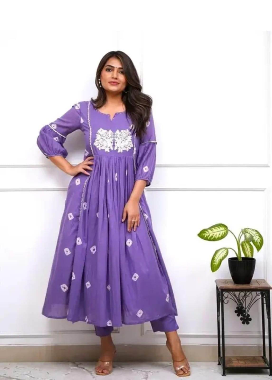Lavender Grace Embroidered Kurti With Pant Set - CandiRobes